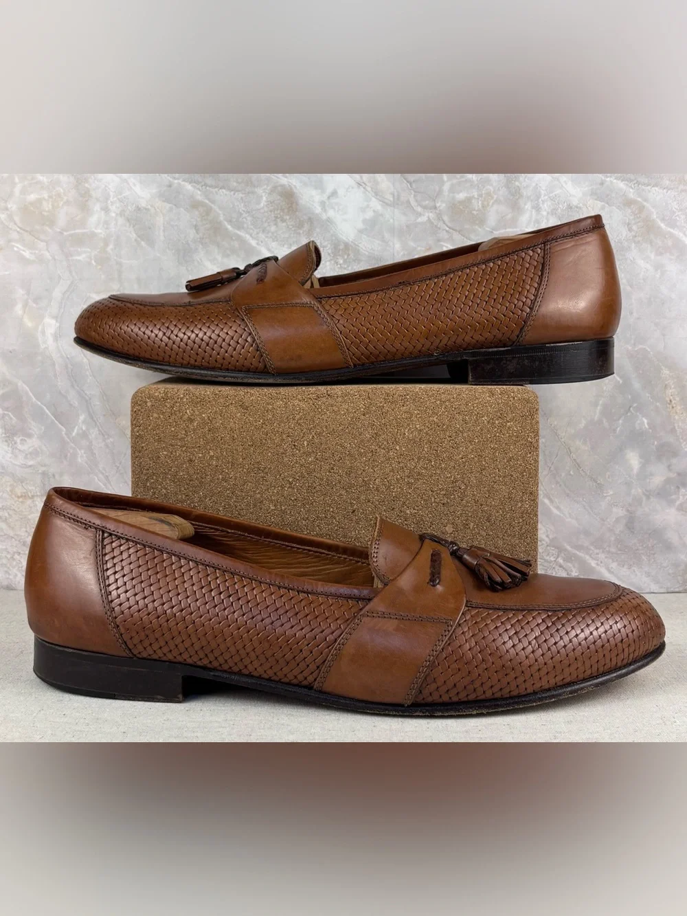 Pitti Shoes Firenze Brown Woven Leather Tassel Loafers Made in Italy 13